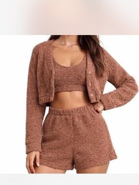 PINK Brown teddy bralette and skirt set only. Jacket not included.